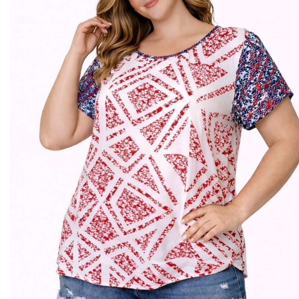 CAbi Coquette Sheer Geo print Top red, white & blue lightweight blouse SZ M